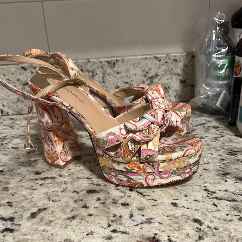 ANTONIO MELANI Pink and Orange Floral Platform Heels - Picture 1 of 8